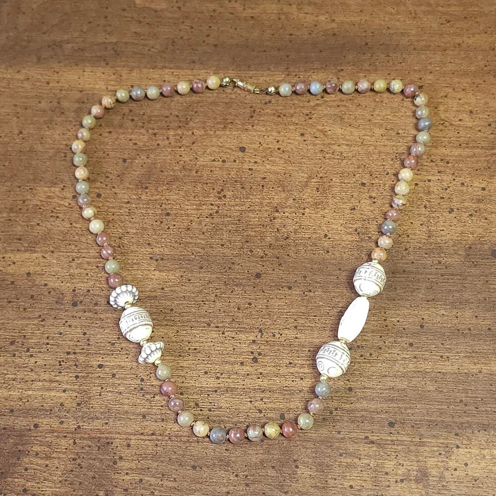 Mookaite Jasper and Carved Etched Beads Necklace Boho Barrel Clasp 20in 6 mm